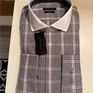 Sean John Grey Plaid Dress Shirt with White Collar and Pink Accents French Cuffs